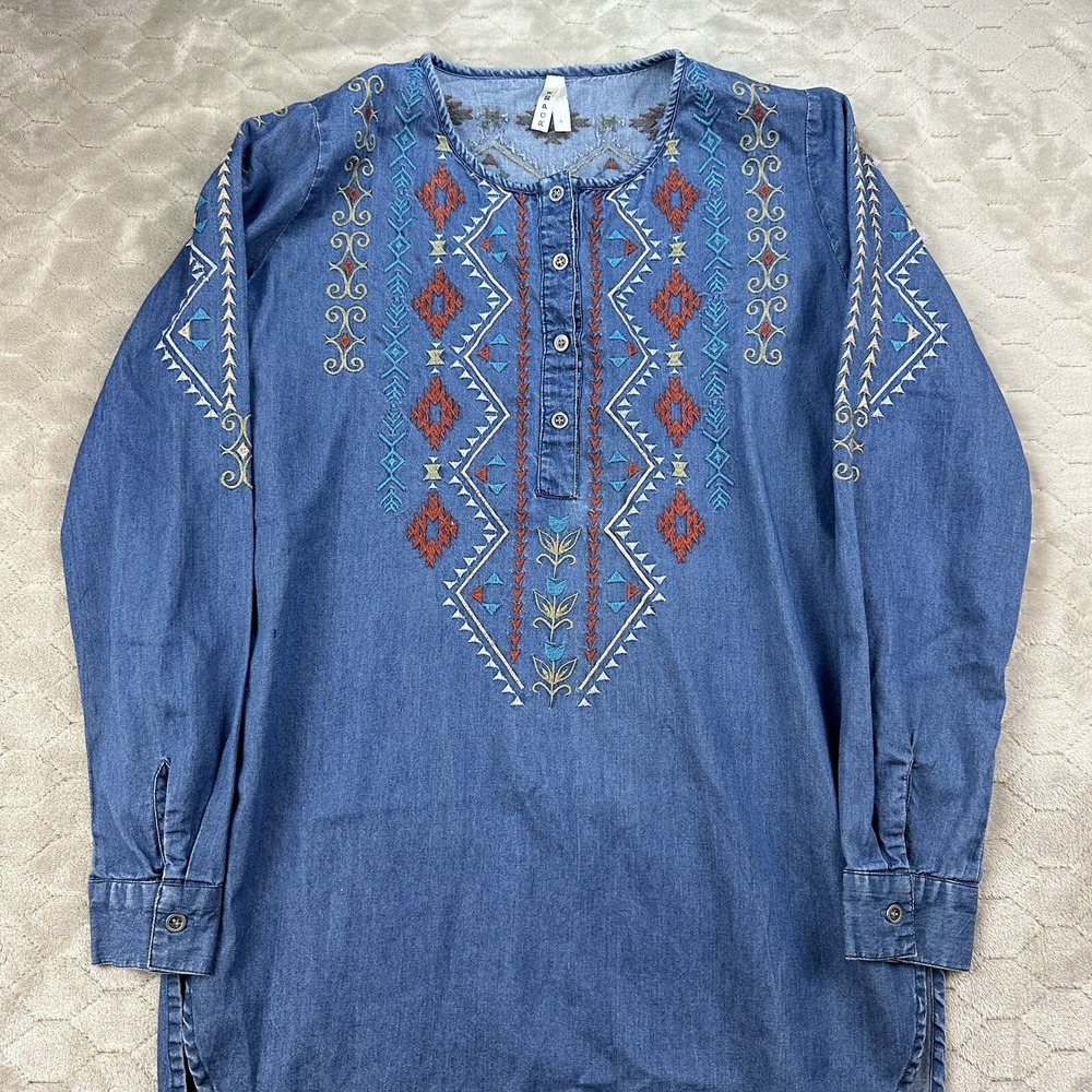 Roper Embroidered Denim Chambray Shirt Dress Western Cowgirl Size Sz S See Pics - Picture 2 of 13